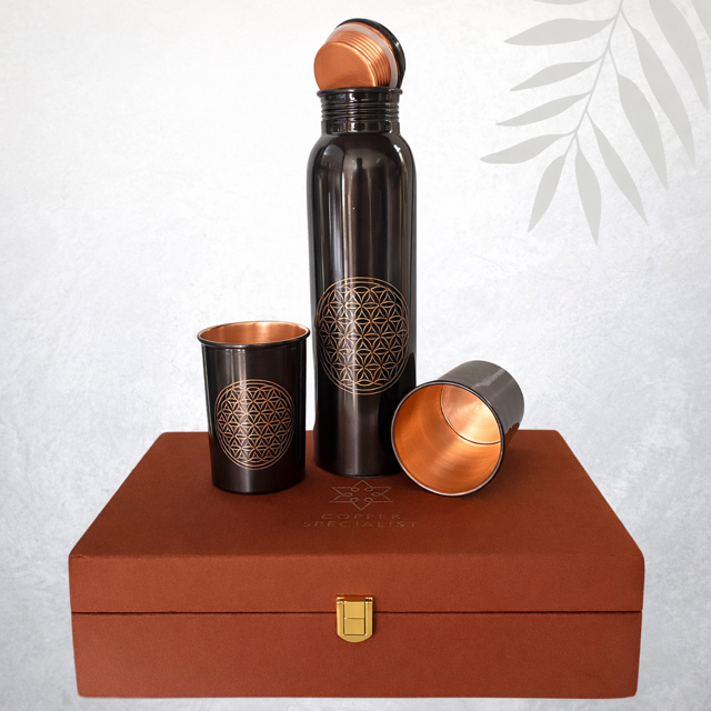 Ensemble Fleur de Vie en Cuivre Pur – Bouteille 950 ml et 2 Tasses 300 ml – Coffret Velours