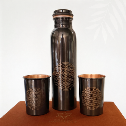 Ensemble Fleur de Vie en Cuivre Pur – Bouteille 950 ml et 2 Tasses 300 ml – Coffret Velours