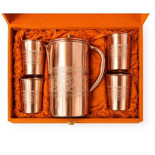 Service à Thé Cuivre Pur Floral 1,5 L + 4 Tasses | Coffret Luxe